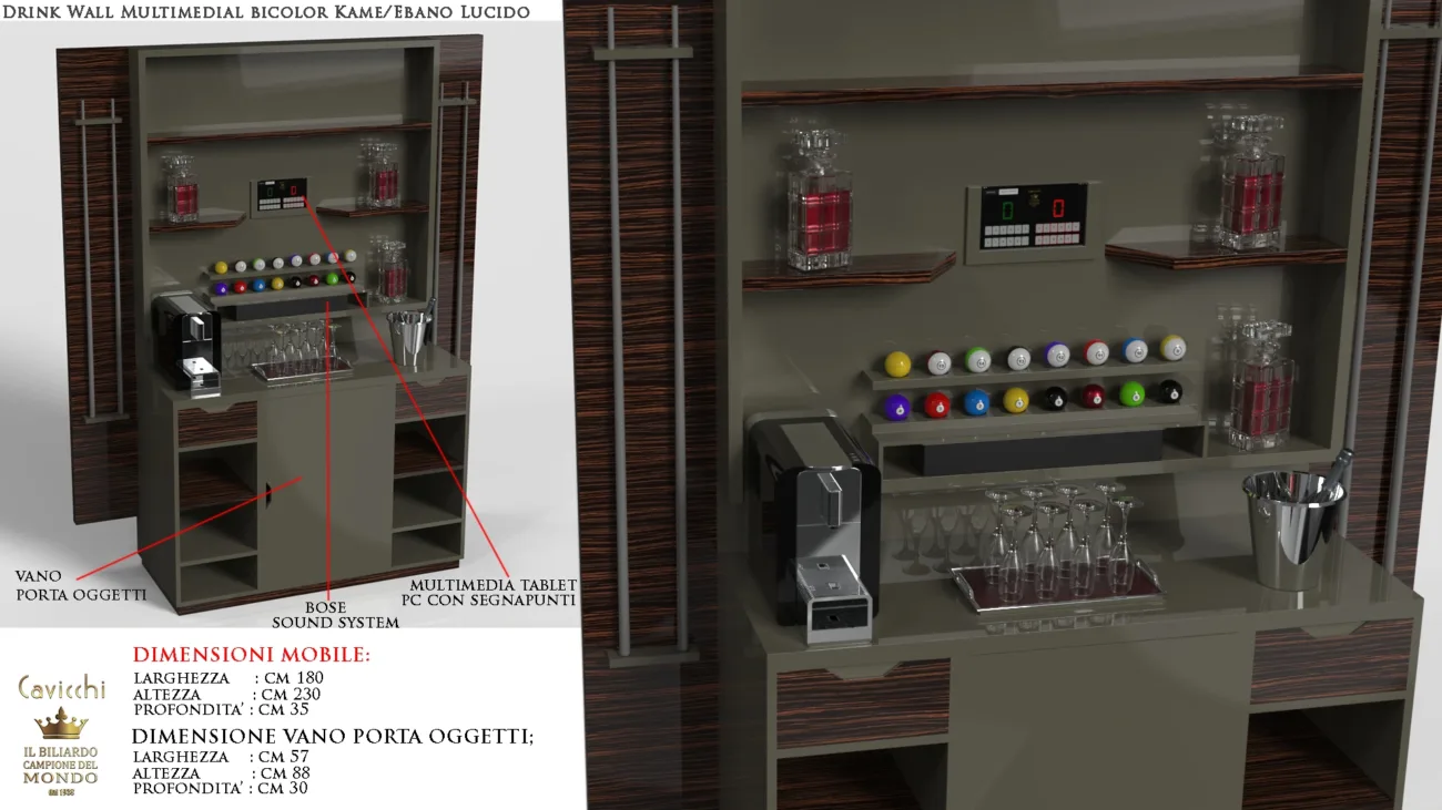 Mobile "Drink Wall" multifunzionale Finitura Custom su richiesta opaco con scaffali, sistema audio Bose, tablet integrato per segnare punti e vano portaoggetti.