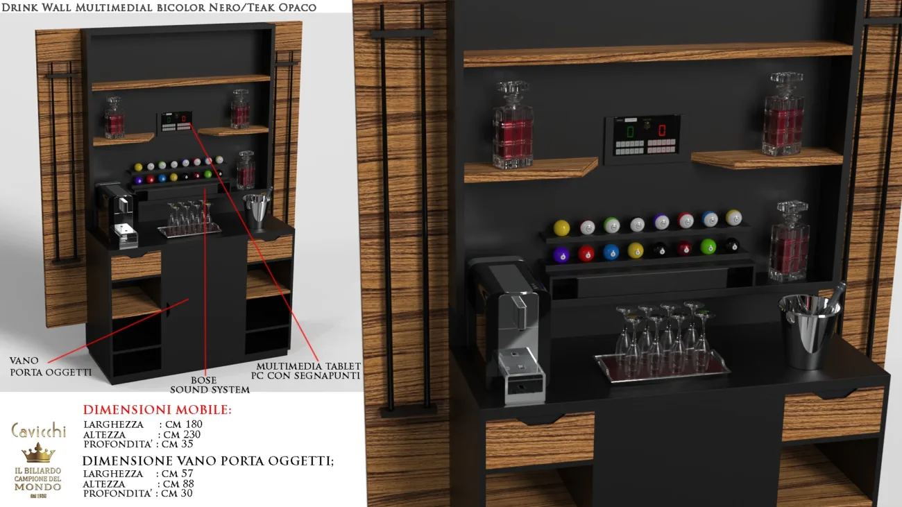 Mobile "Drink Wall" multifunzionale Finitura Custom su richiesta opaco con scaffali, sistema audio Bose, tablet integrato per segnare punti e vano portaoggetti.