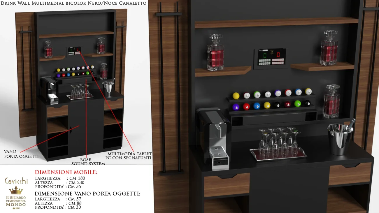 Mobile "Drink Wall" multifunzionale Finitura Custom su richiesta opaco con scaffali, sistema audio Bose, tablet integrato per segnare punti e vano portaoggetti.