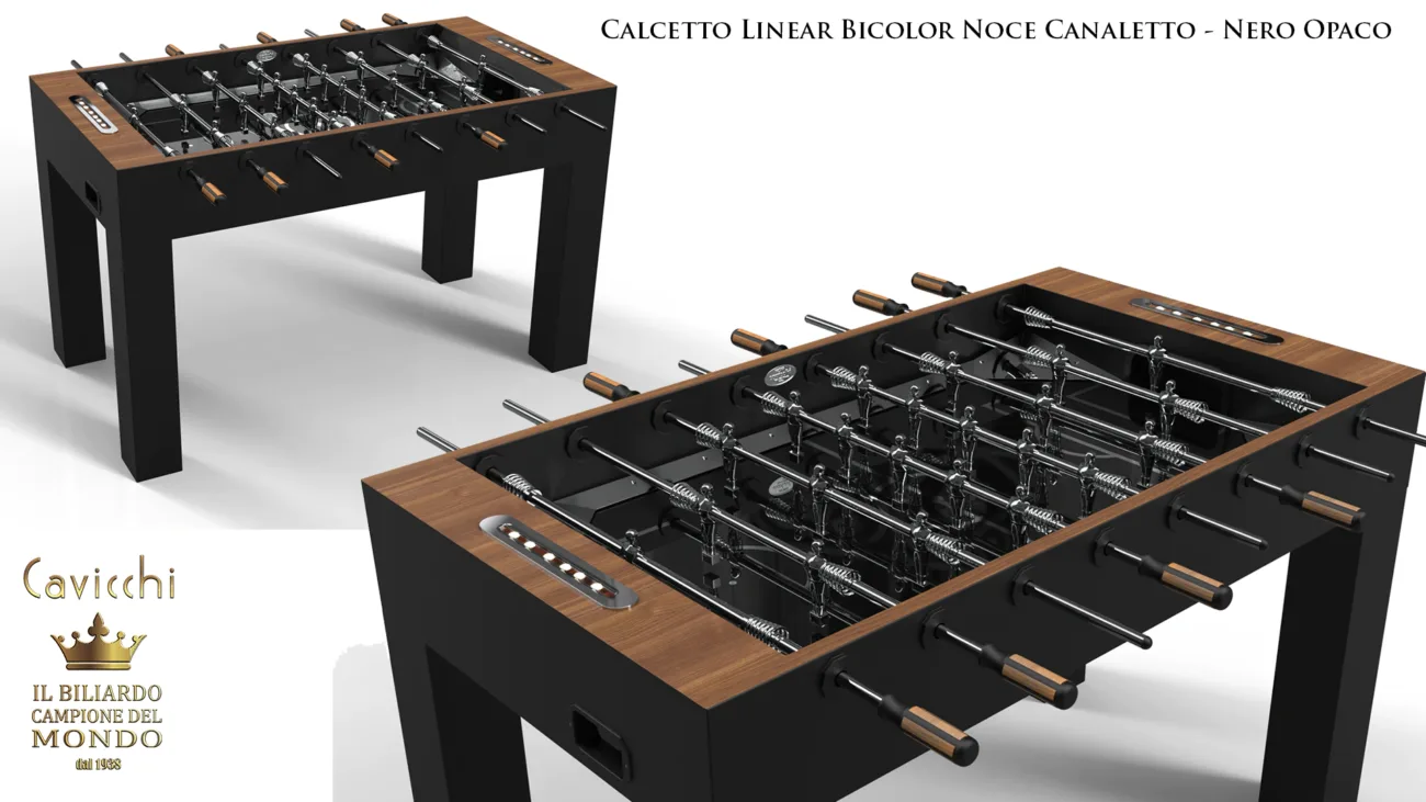 Calcetto Linear in Noce Canaletto e Nero Opaco di Cavicchi, con design elegante e finiture di pregio, manopole nere e dettagli in legno per un'esperienza di gioco sofisticata e di alta qualità.