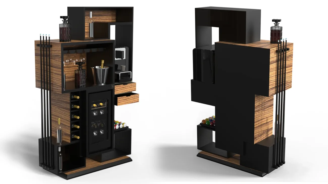 Mobile bar multifunzionale in legno teak e nero opaco con portastecche per biliardo e vano frigo per vini.