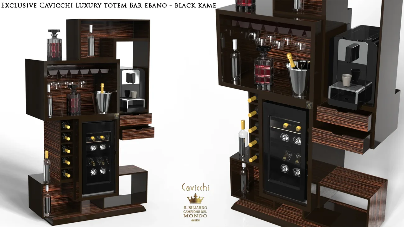 Mobile bar multifunzionale in legno teak e nero opaco con portastecche per biliardo e vano frigo per vini.