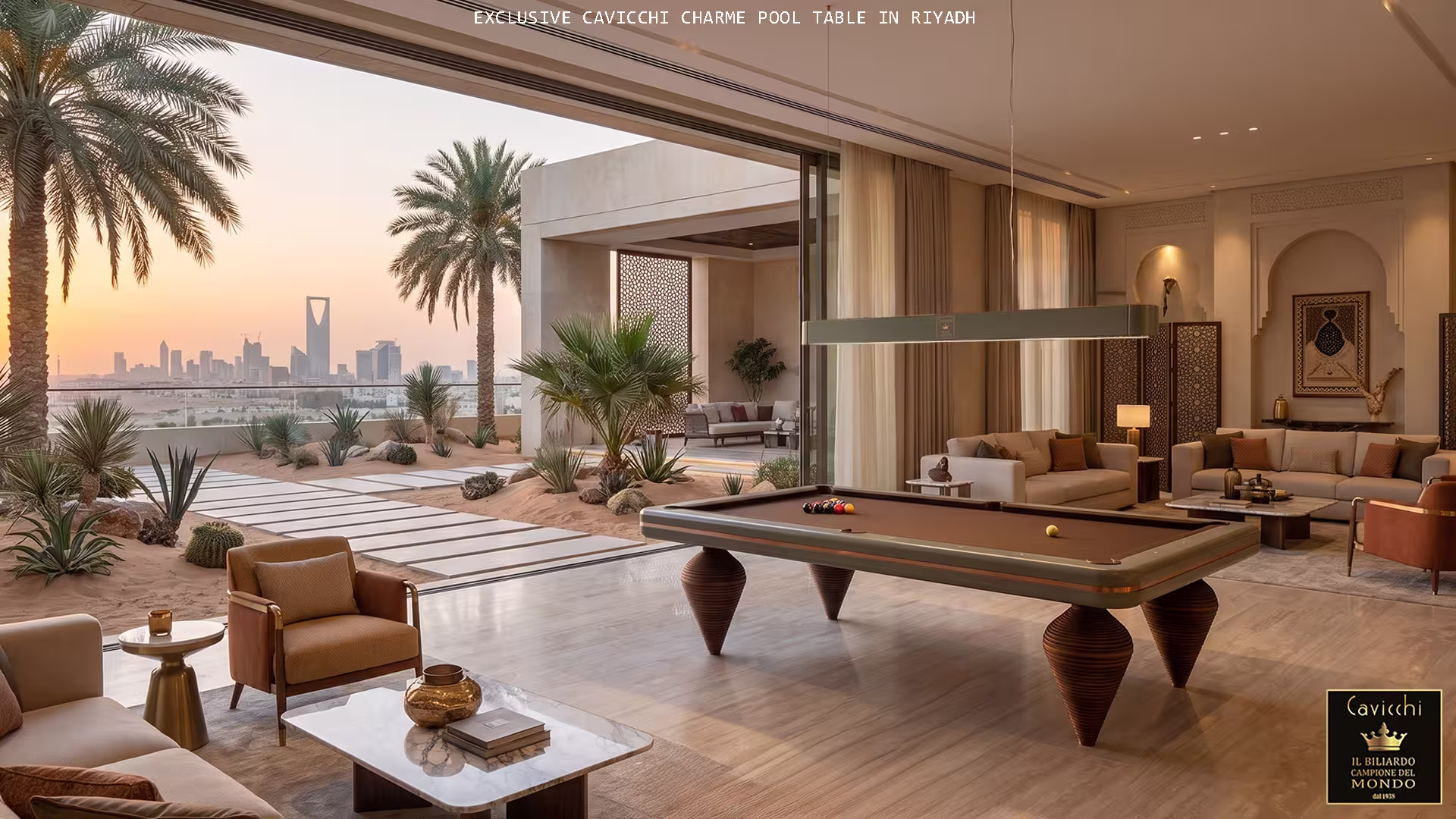 CHARME-POOL-TABLE-RIYADH Handmade Italian billiard table in a Riyadh palace majlis with custom inlay and deep burgundy cloth