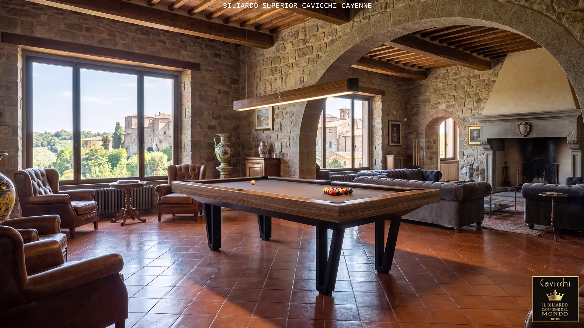 Biliardo Cayenne Teak – Eleganza esotica nel cuore della Tuscia Biliardo Cayenne Teak di Cavicchi Biliardi in una sala con pareti in peperino a Viterbo