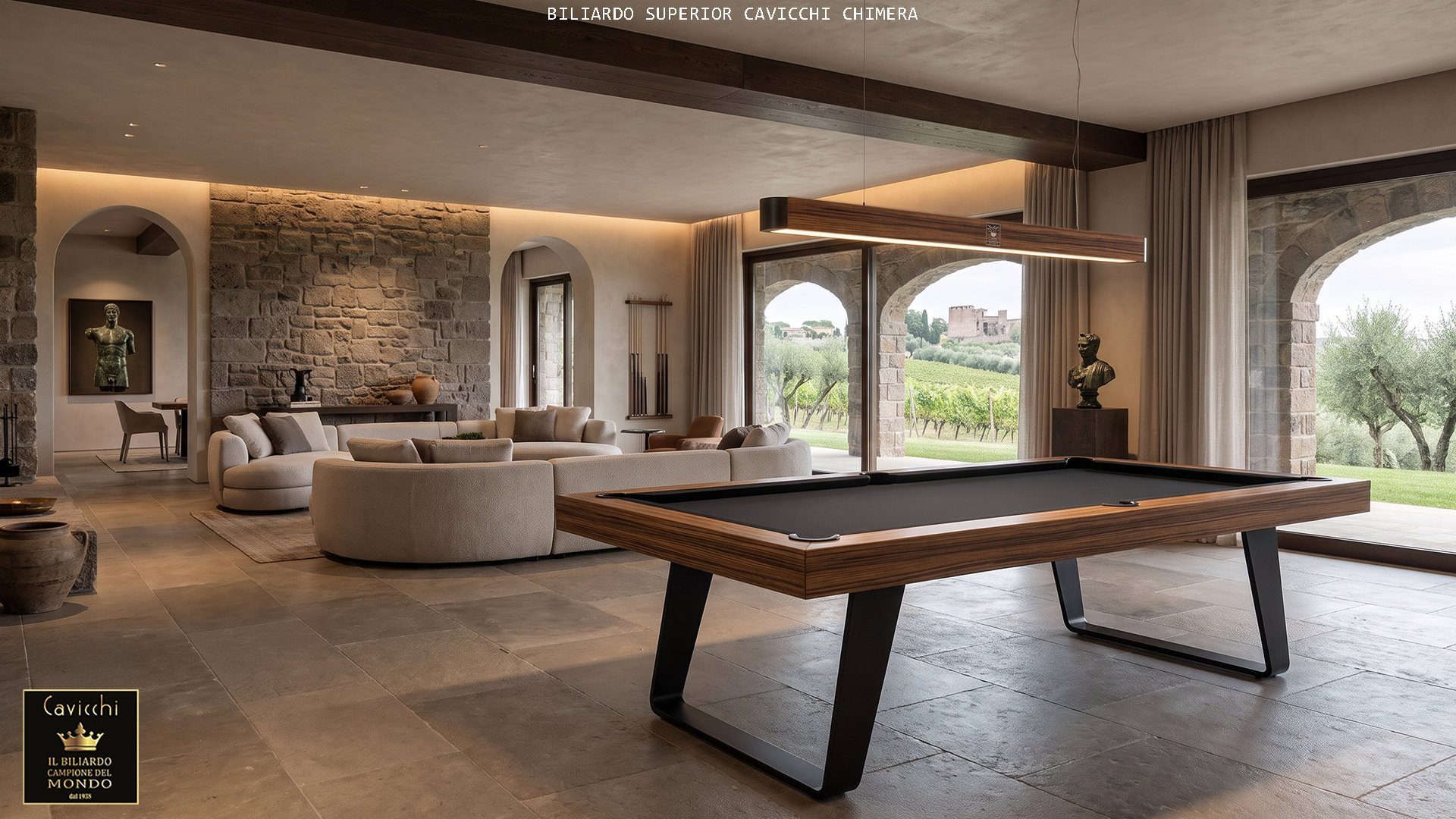 Biliardo Chimera Teak – Artigianalità e natura a Rieti | Cavicchi Biliardi Biliardo Chimera Teak di Cavicchi Biliardi in una villa a Rieti con vista sui monti della Valle Santa
